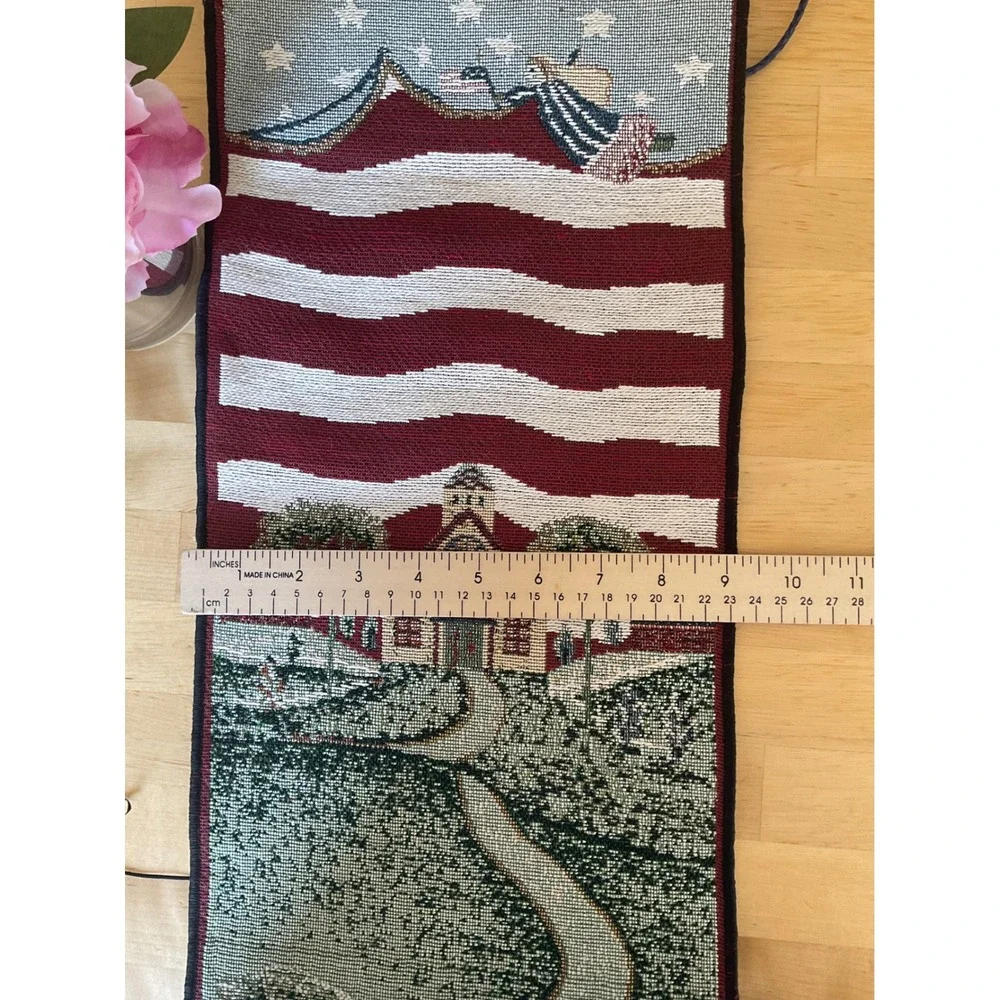Vintage‎ Americana Woven Tapestry Wall Hanging Patriotic Schoolhouse Banner